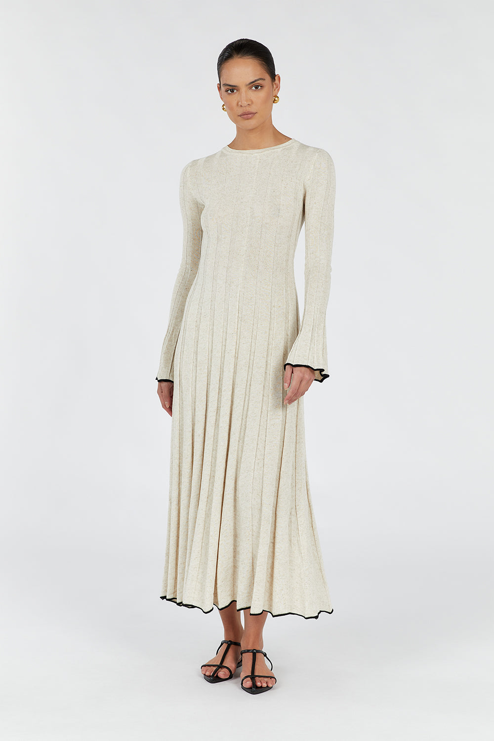 FLORA NATURAL CREW NECK KNIT MIDI DRESS