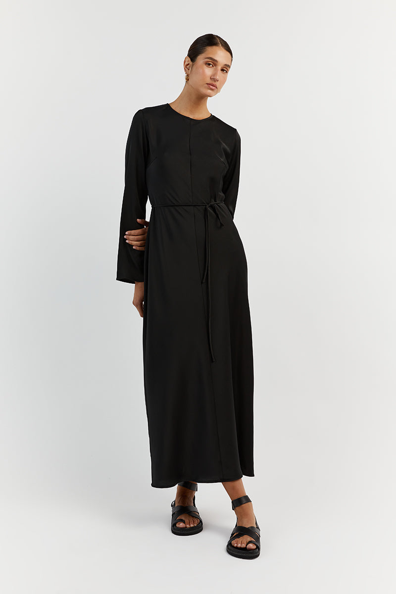 BLOOM BLACK SATIN LONG SLEEVE DRESS