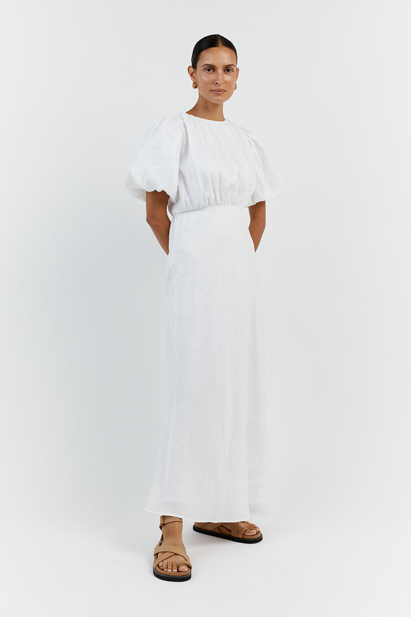 NAT WHITE LINEN GATHERED MIDI DRESS