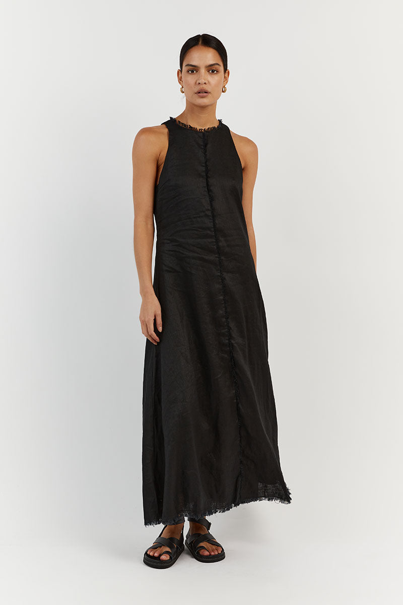 GEORGIE BLACK LINEN HIGH NECK DRESS