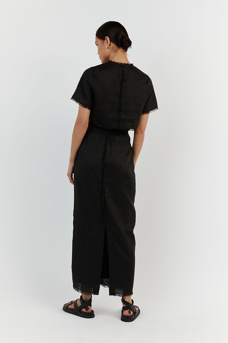 GEORGIE BLACK LINEN FRINGE CROP TOP