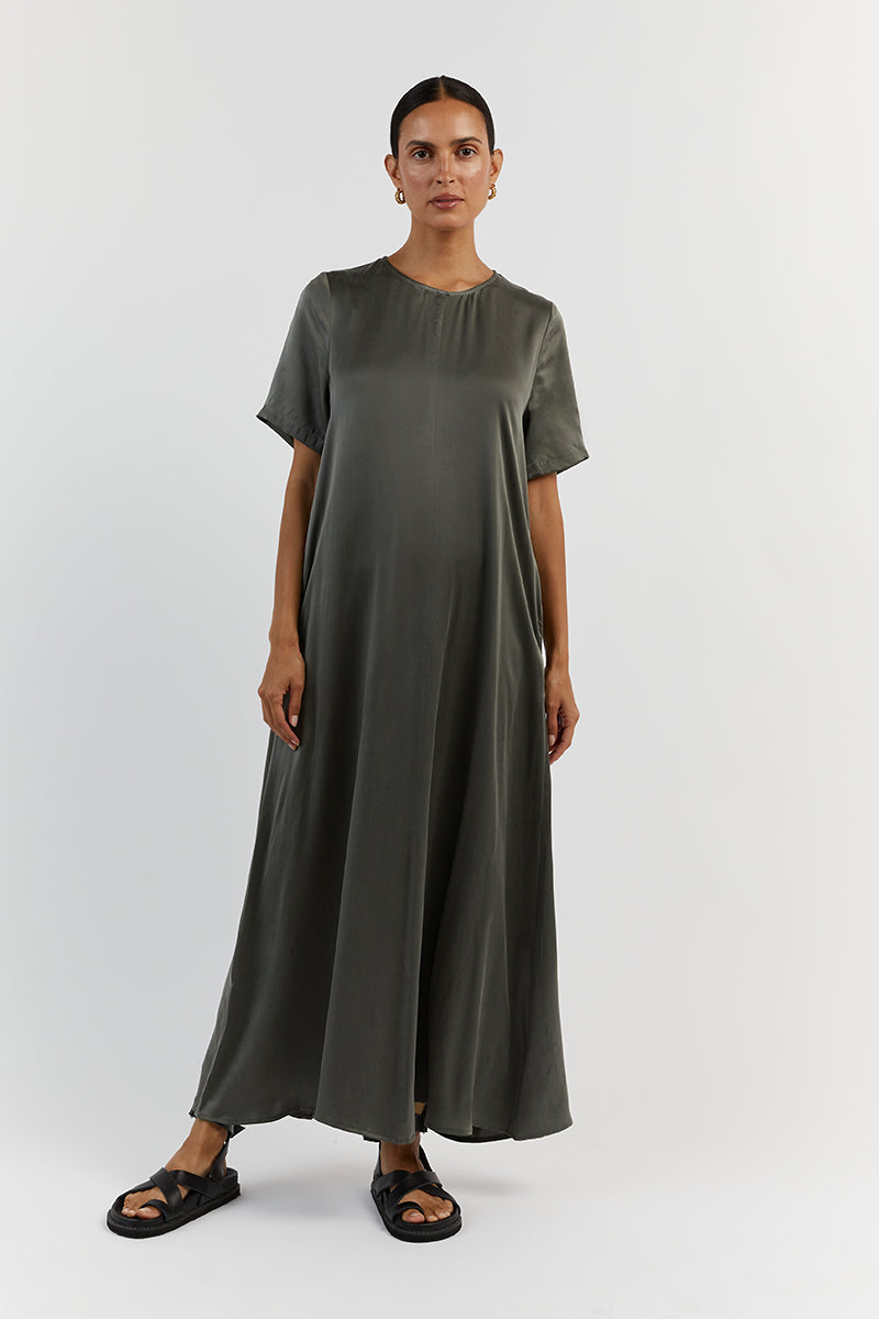 LAYLA DARK OLIVE SILK SHORT SLEEVE DRESS