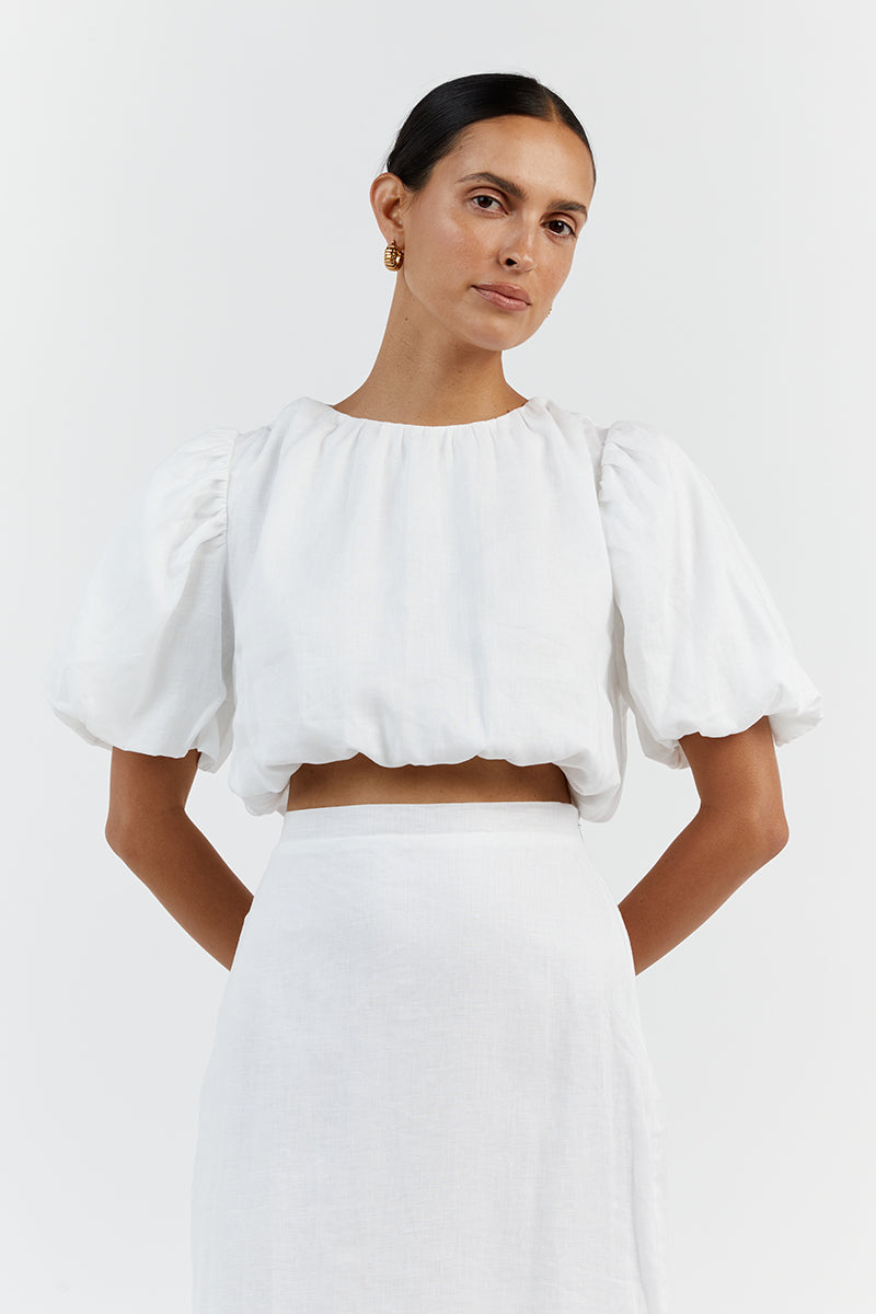NAT WHITE GATHERED LINEN CROP TOP