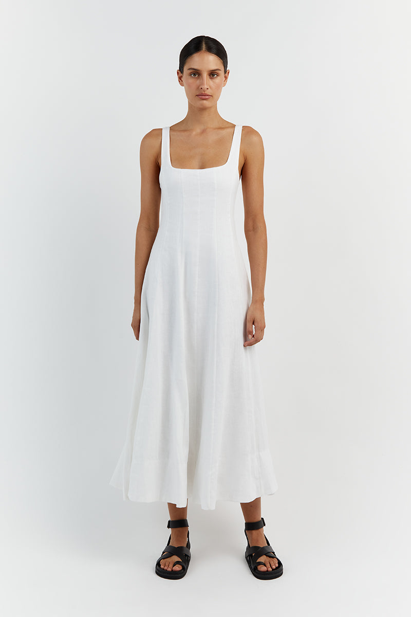 MILAHN WHITE LINEN MIDI DRESS