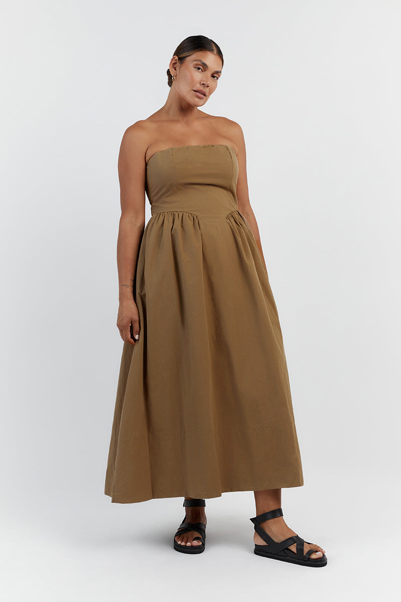 HYLAND COFFEE STRAPLESS MIDI DRESS