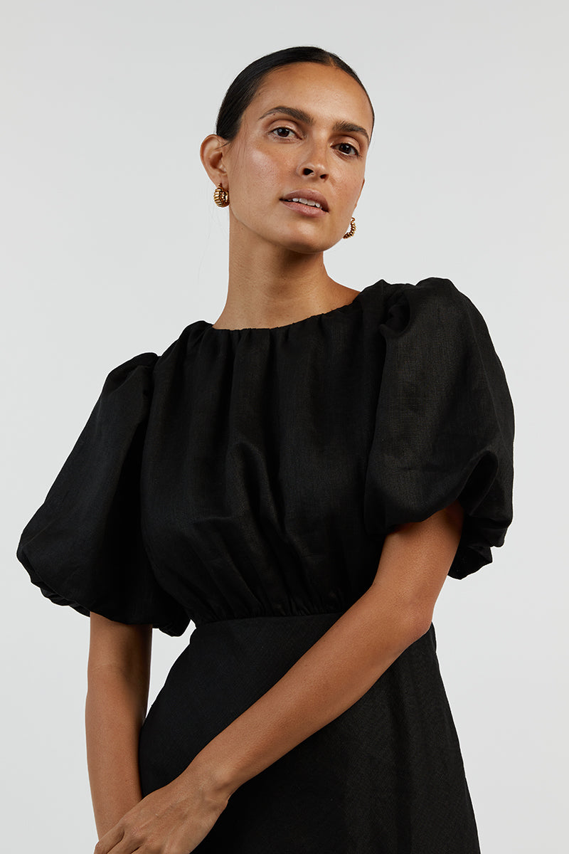 NAT BLACK LINEN GATHERED MIDI DRESS