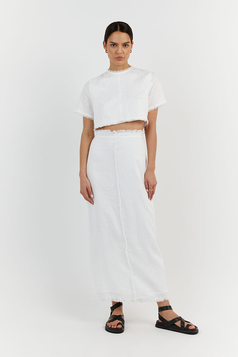 GEORGIE WHITE LINEN FRINGE CROP TOP