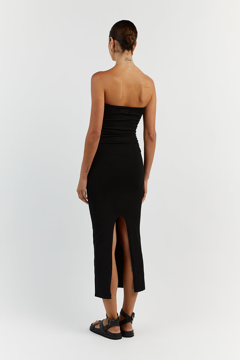 CARRIE BLACK RUCHED MIDI DRESS