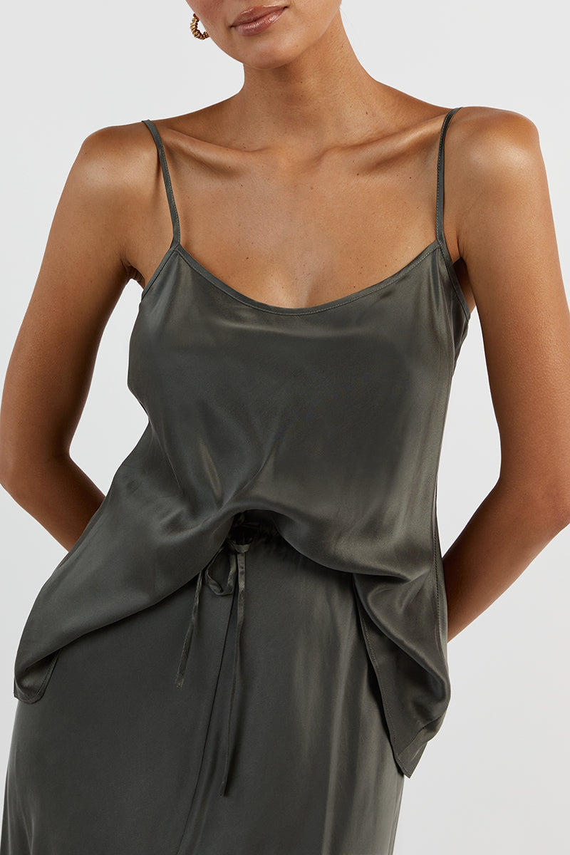 LAYLA DARK OLIVE SILK MIDI SKIRT