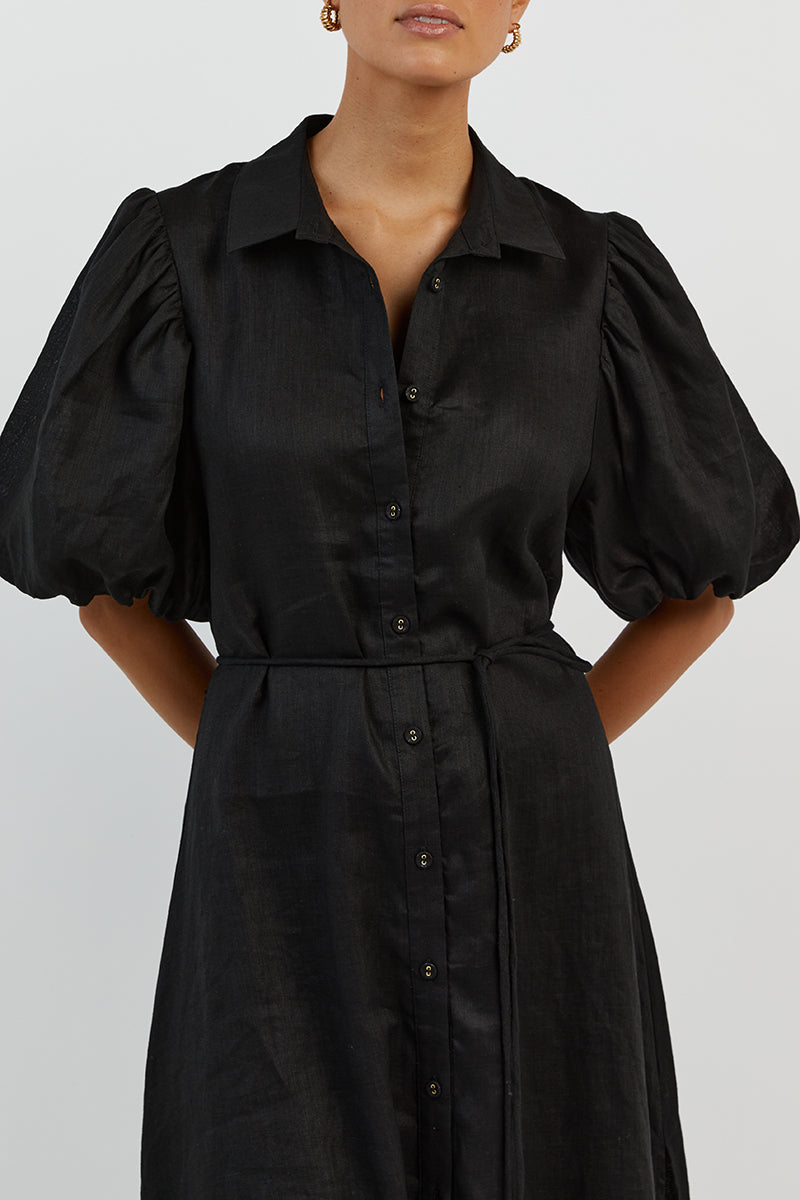 RAE BLACK LINEN SHIRT MIDI DRESS