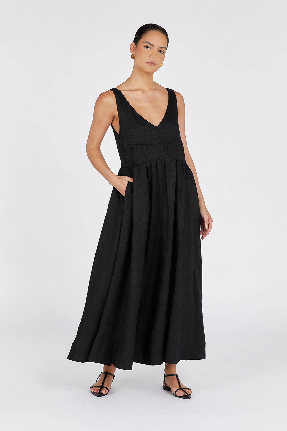 ARLO BLACK V NECK LINEN MAXI DRESS