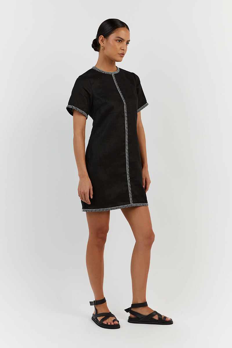 BELLA BLACK LINEN SHIFT MINI DRESS