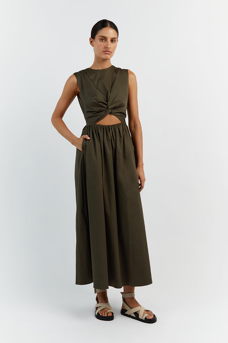 RAMSEY DARK OLIVE COTTON MIDI DRESS