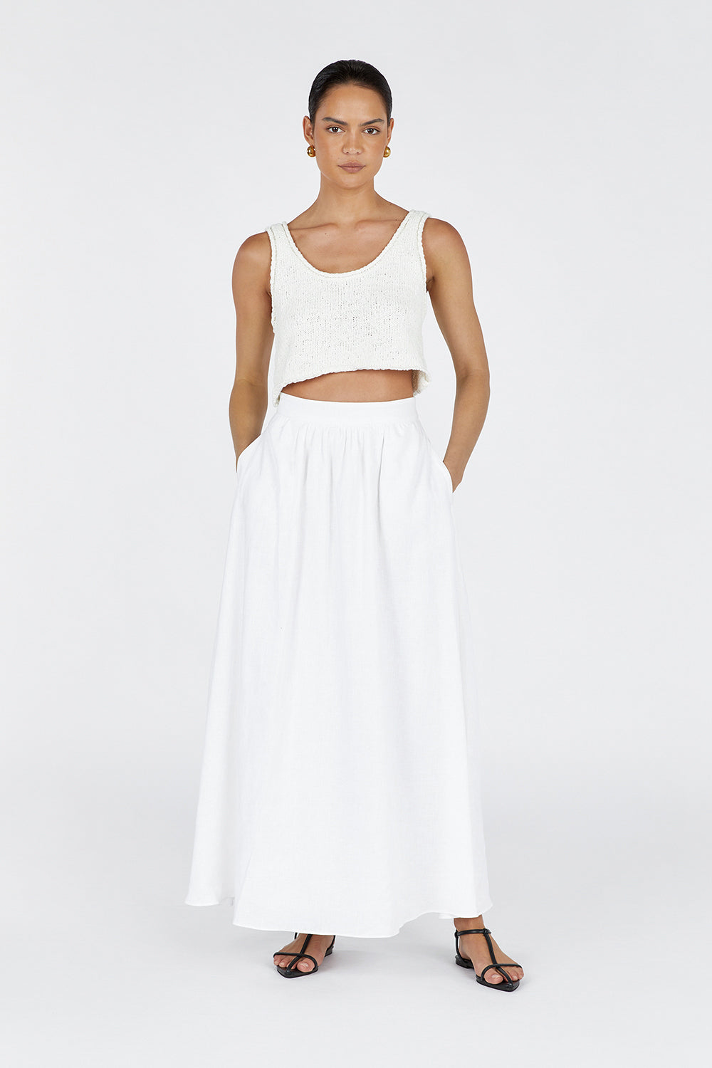 GEMIMA WHITE LINEN MIDI SKIRT