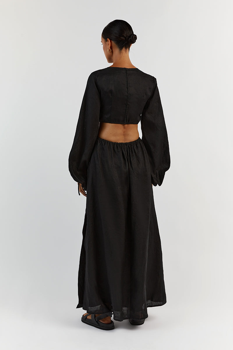 MOLLY BLACK LINEN MIDI DRESS