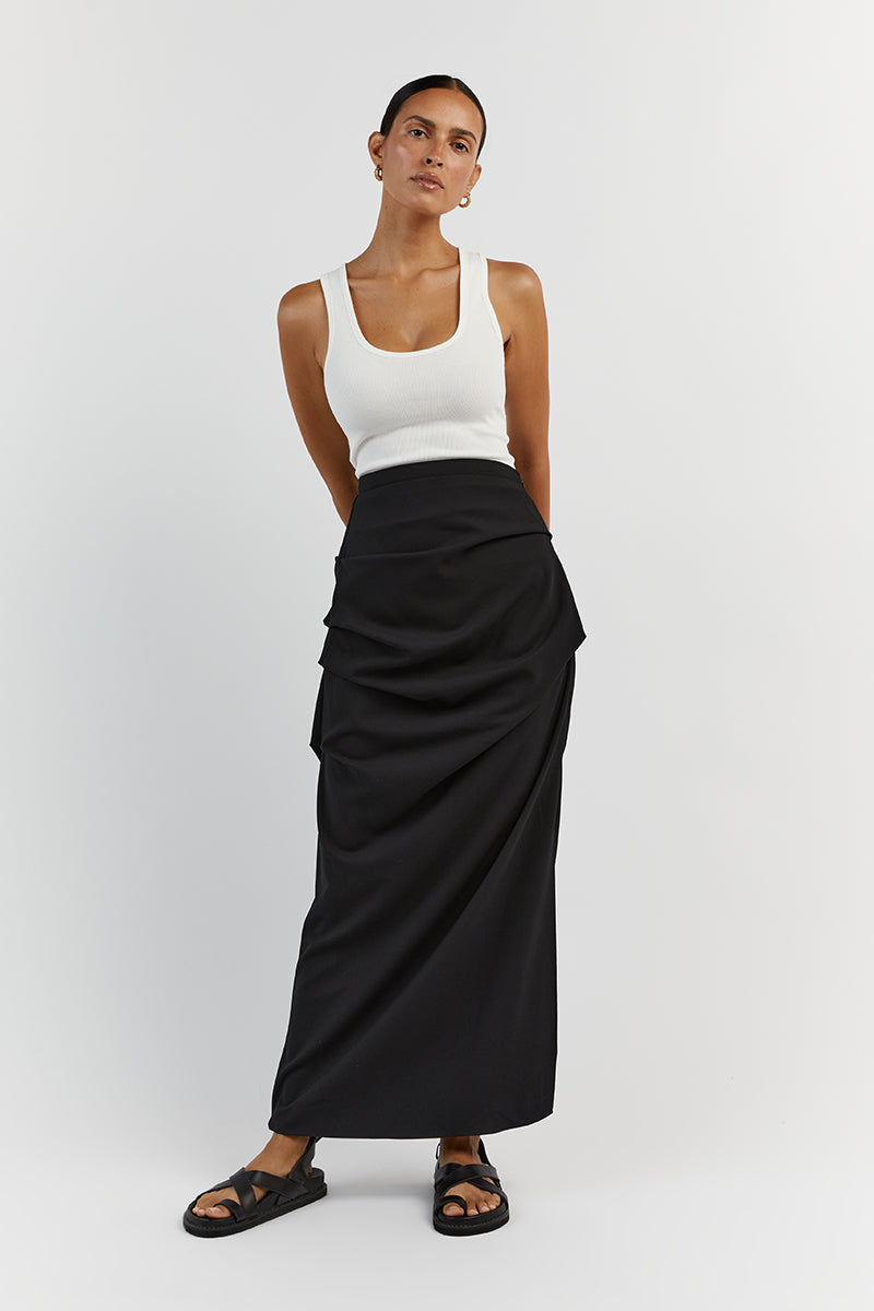 JAMIE RUCHED BLACK MIDI SKIRT