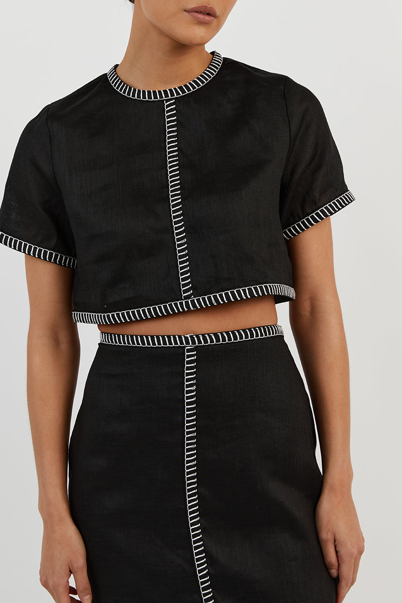BELLA BLACK LINEN CROP TOP