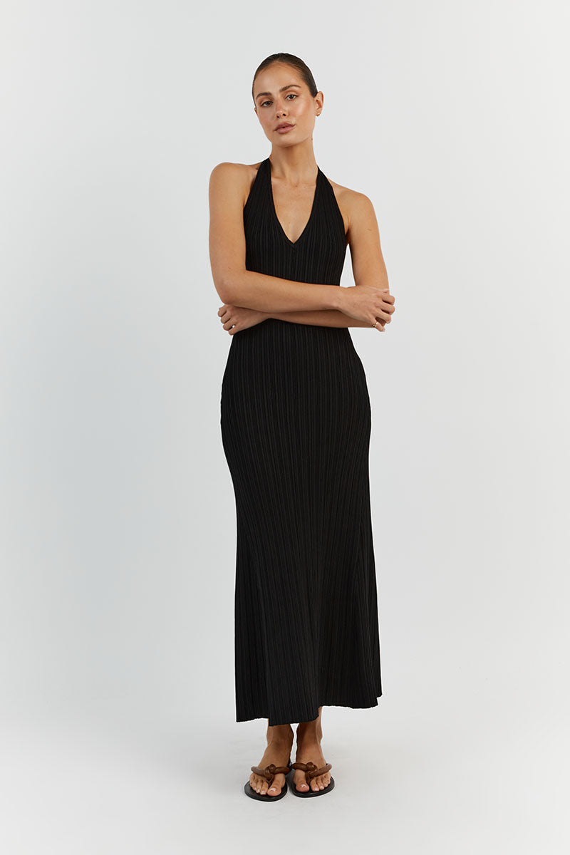 SIENNA BLACK PLUNGE HALTER MIDI