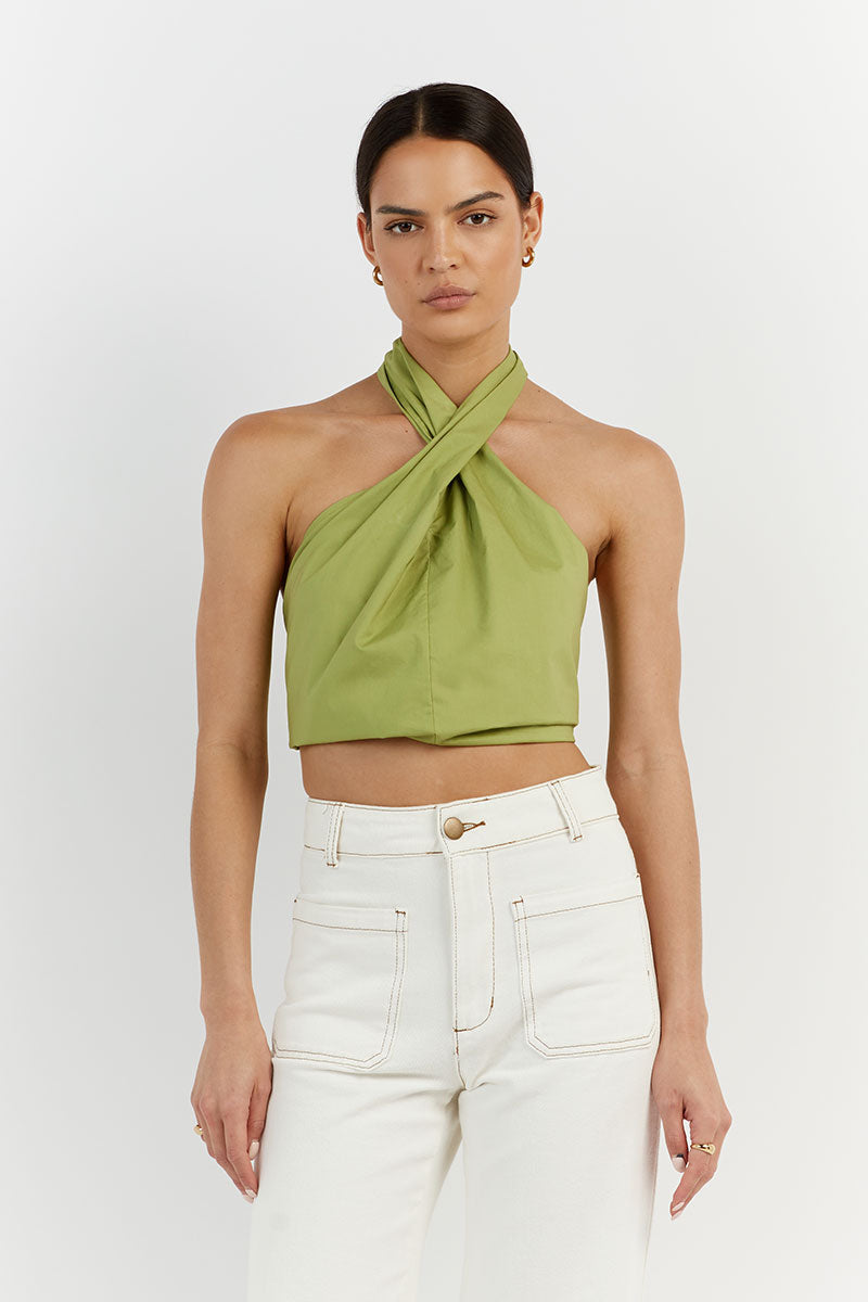 OLIVIA LIME COTTON TWIST HALTER TOP