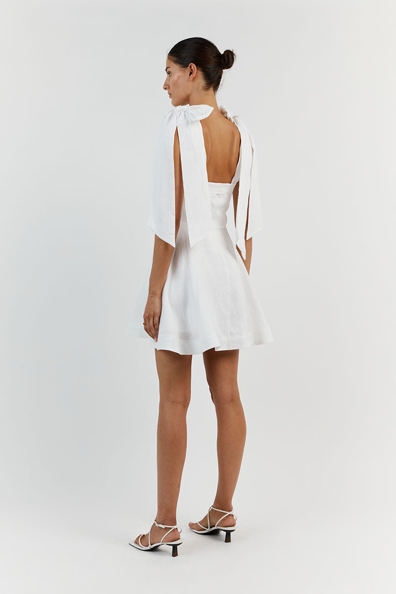 AISLE WHITE LINEN BOW MINI DRESS