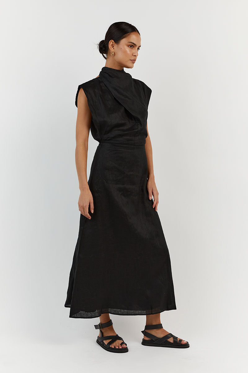 ALESSI BLACK LINEN MIDI DRESS