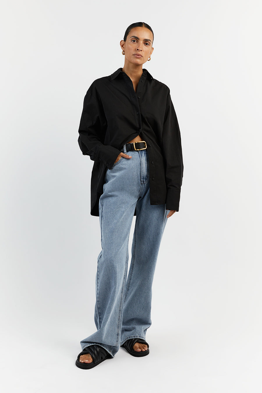 SHAE BLACK COTTON SLEEVED SHIRT