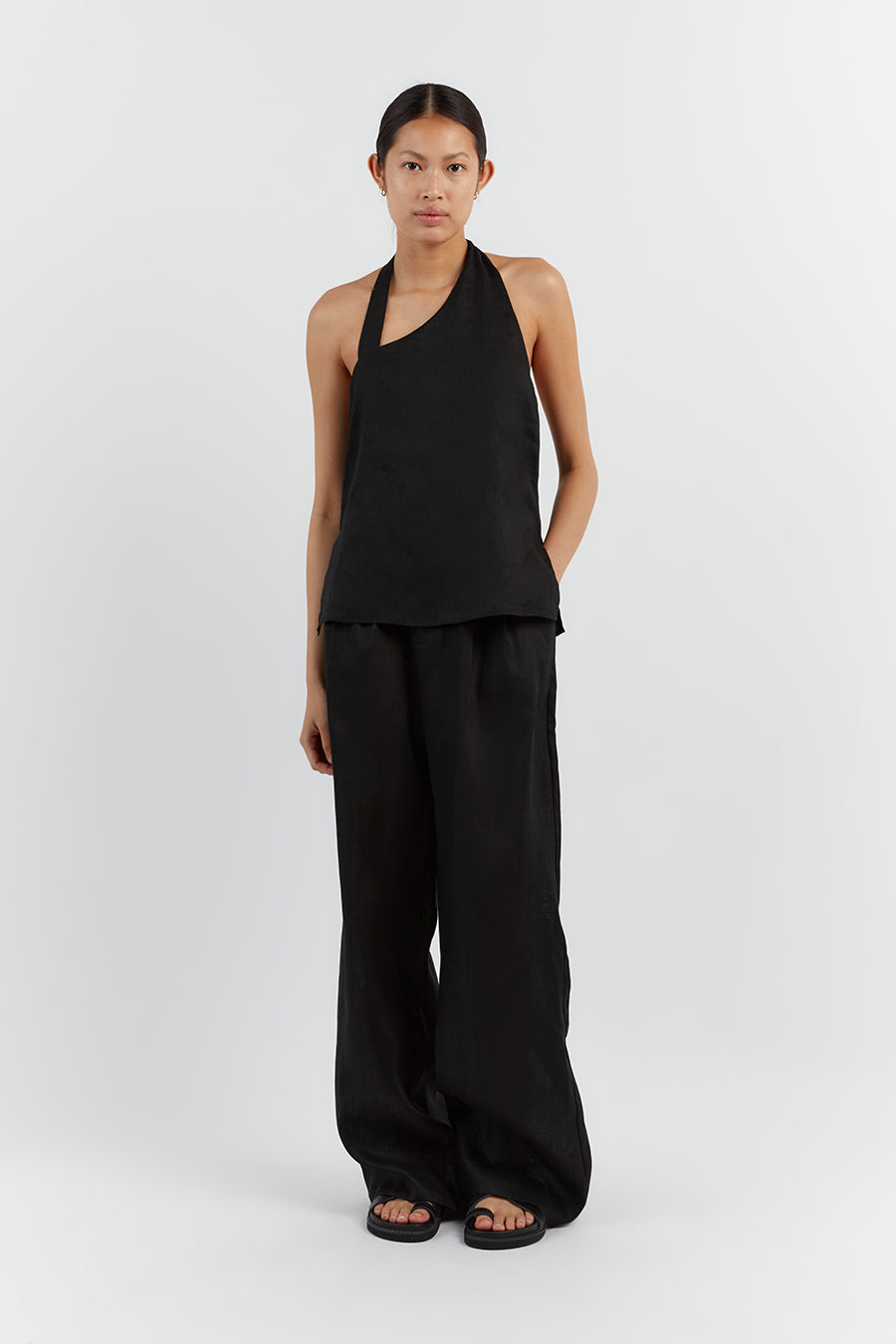 ZOEY BLACK LINEN ASYM TOP