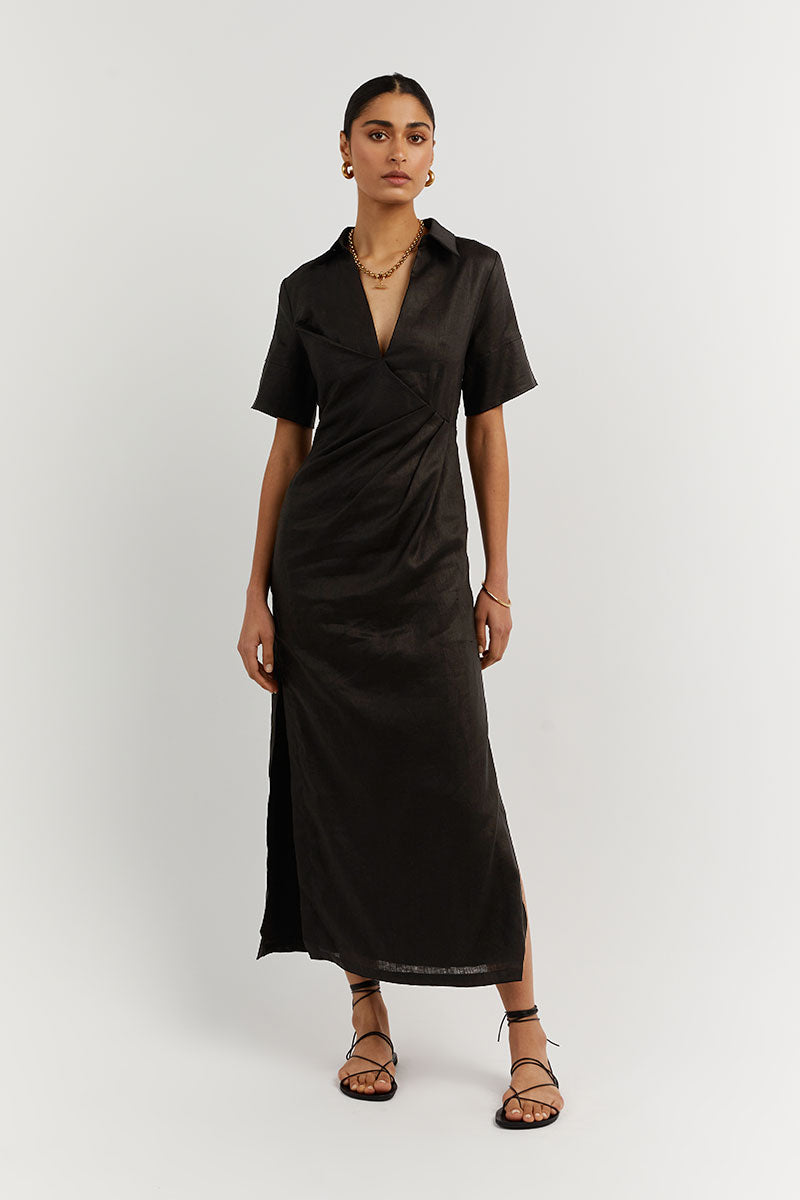 BILLIE BLACK LINEN MIDI DRESS