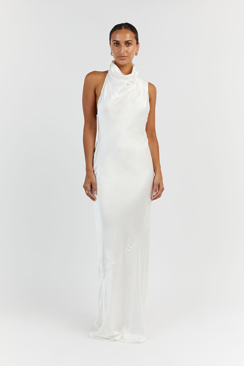 AISLE WHITE SATIN BACKLESS MIDI DRESS