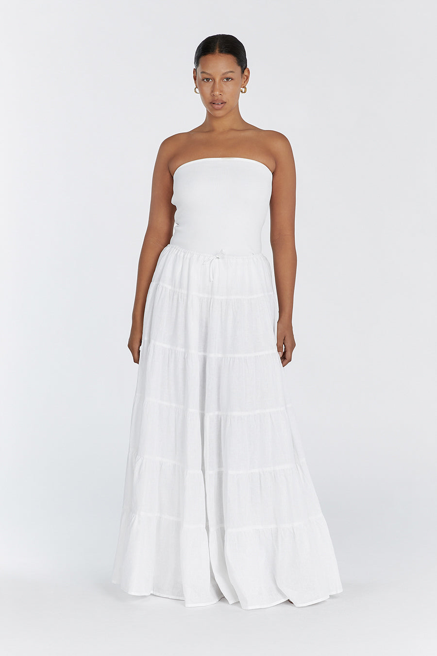 ARI WHITE LINEN TIERED MAXI SKIRT