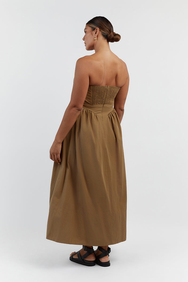 HYLAND COFFEE STRAPLESS MIDI DRESS