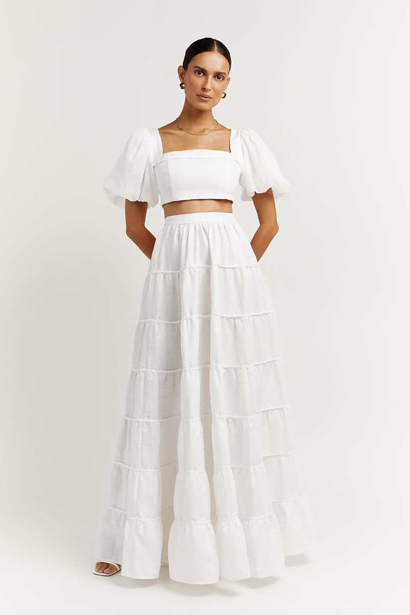 AISLE WHITE LINEN TIER LONG SKIRT
