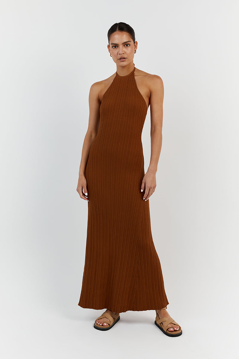 RILEY CARAMEL HIGH NECK KNIT DRESS