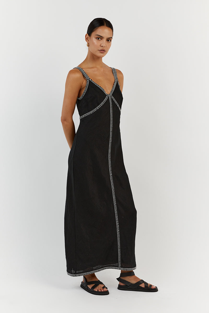 BELLA BLACK LINEN SLIP MIDI DRESS