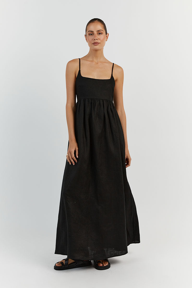 SUNNY BLACK LINEN MIDI DRESS
