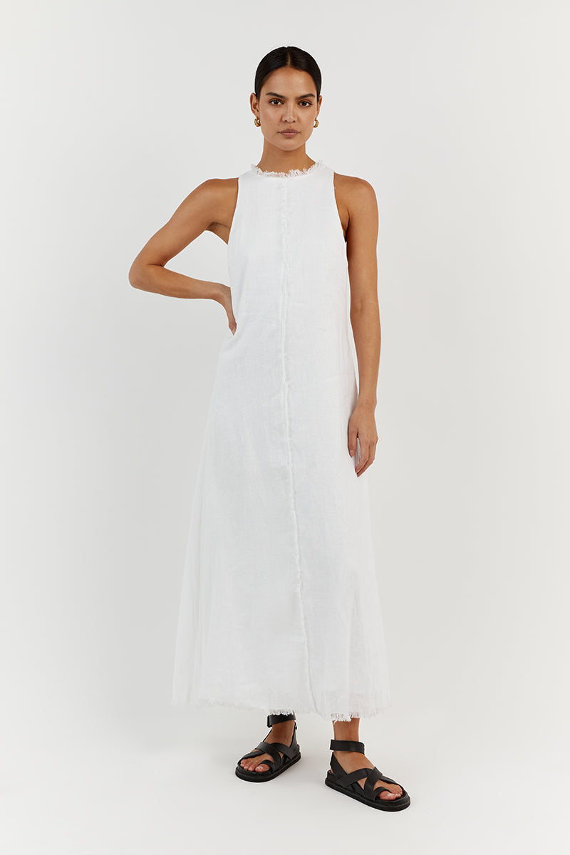 GEORGIE WHITE LINEN HIGH NECK DRESS