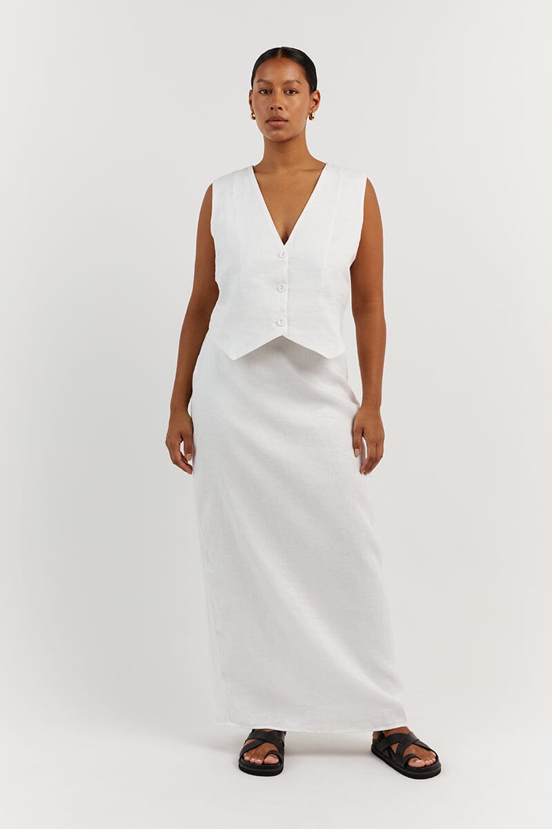 ROBERTS WHITE LINEN MIDI SKIRT