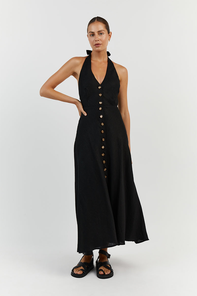 LOGAN BLACK LINEN MIDI DRESS
