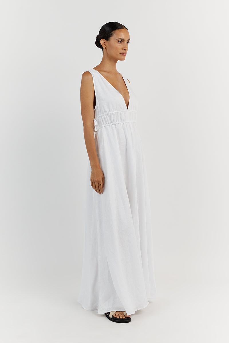PIA WHITE LINEN LOW NECK MIDI DRESS
