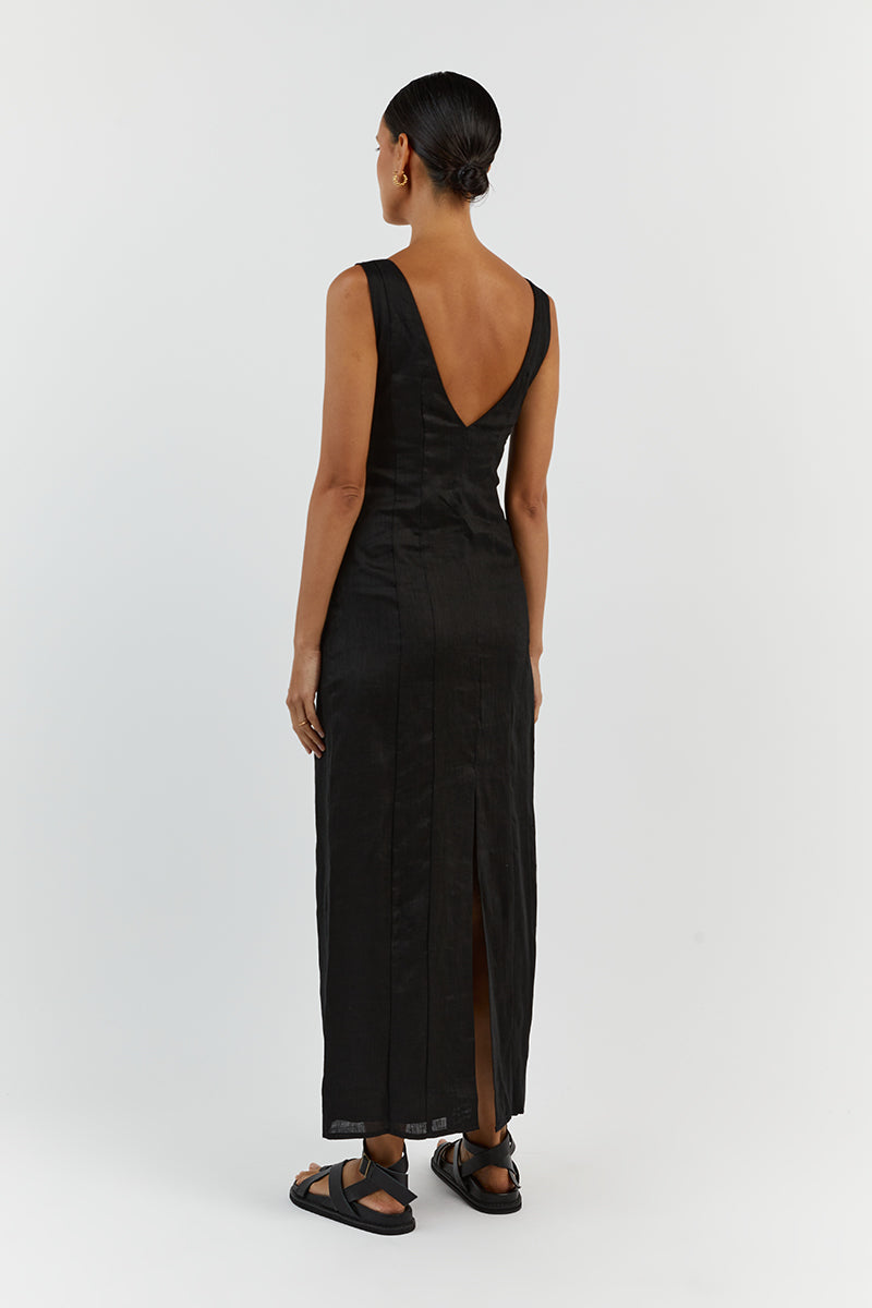 MILAHN BLACK LINEN V NECK DRESS