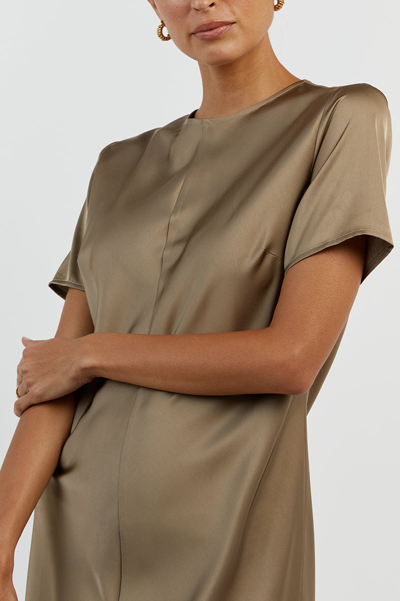 BLOOM MOSS SATIN SLEEVE MIDI DRESS