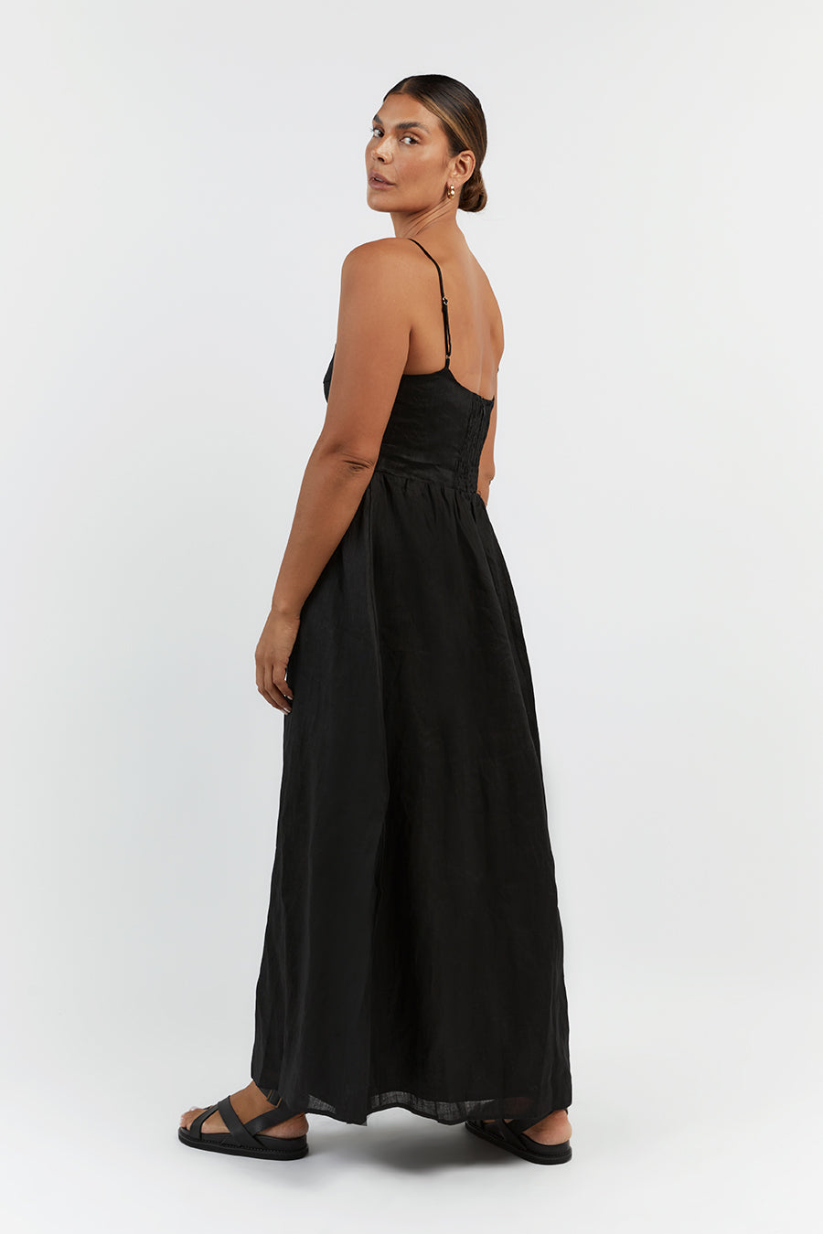 HARPER BLACK LINEN MIDI DRESS
