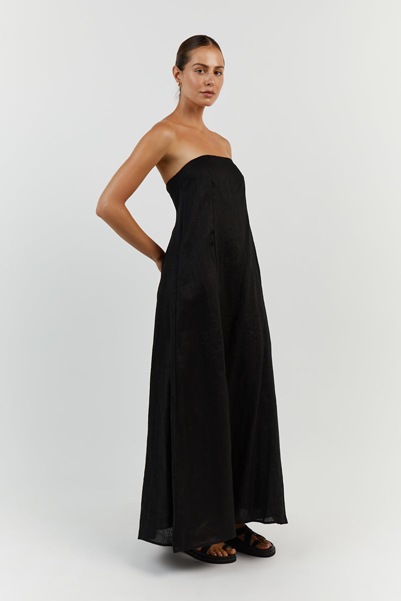 KARNEY BLACK LINEN STRAPLESS DRESS