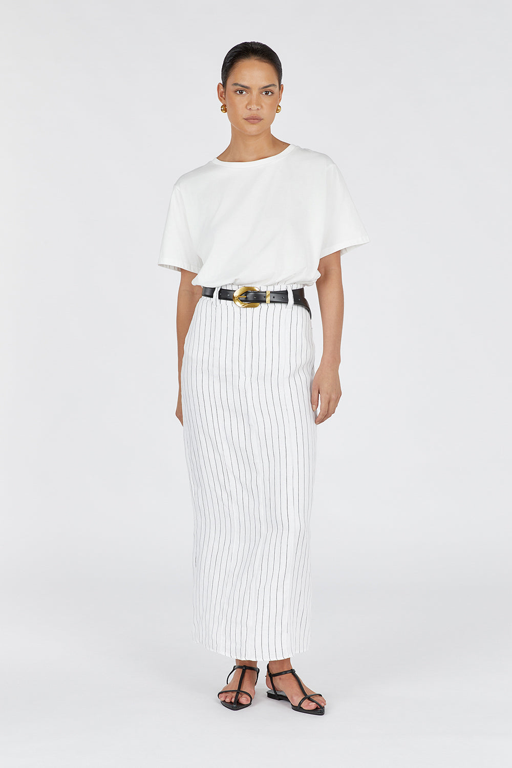 MARCEL WHITE PINSTRIPE MIDI SKIRT