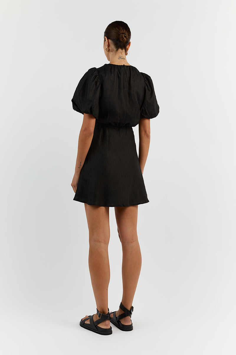 NAT BLACK GATHERED LINEN MINI DRESS