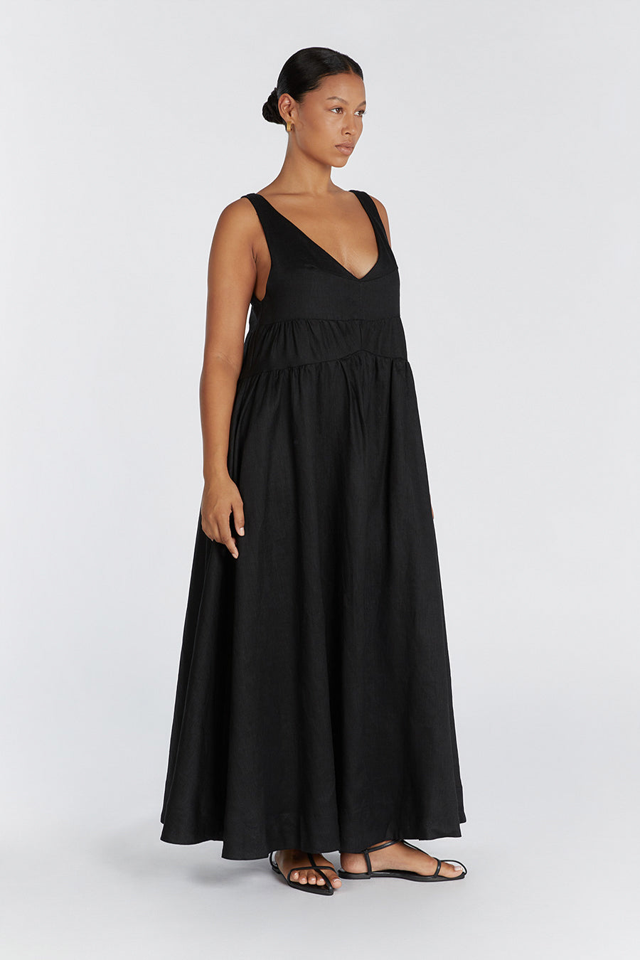 ARLO BLACK V NECK LINEN MAXI DRESS