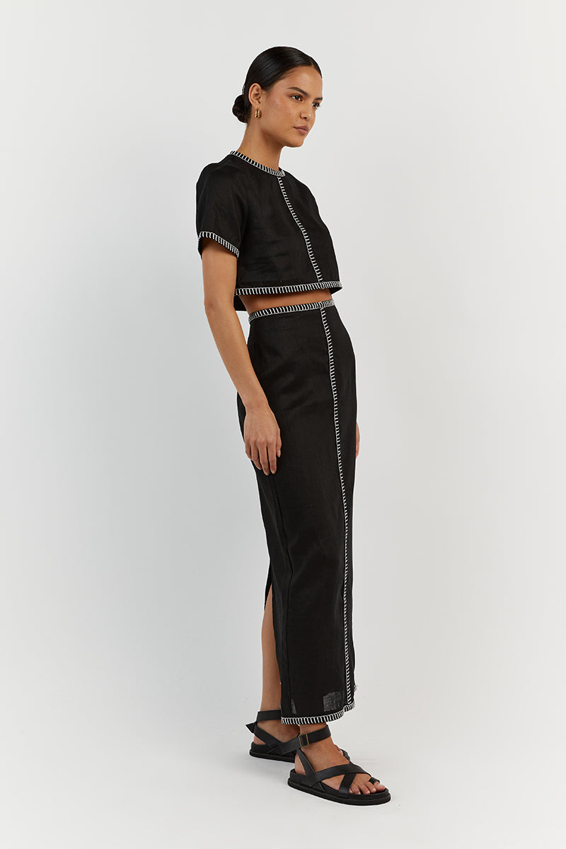 BELLA BLACK LINEN MIDI SKIRT
