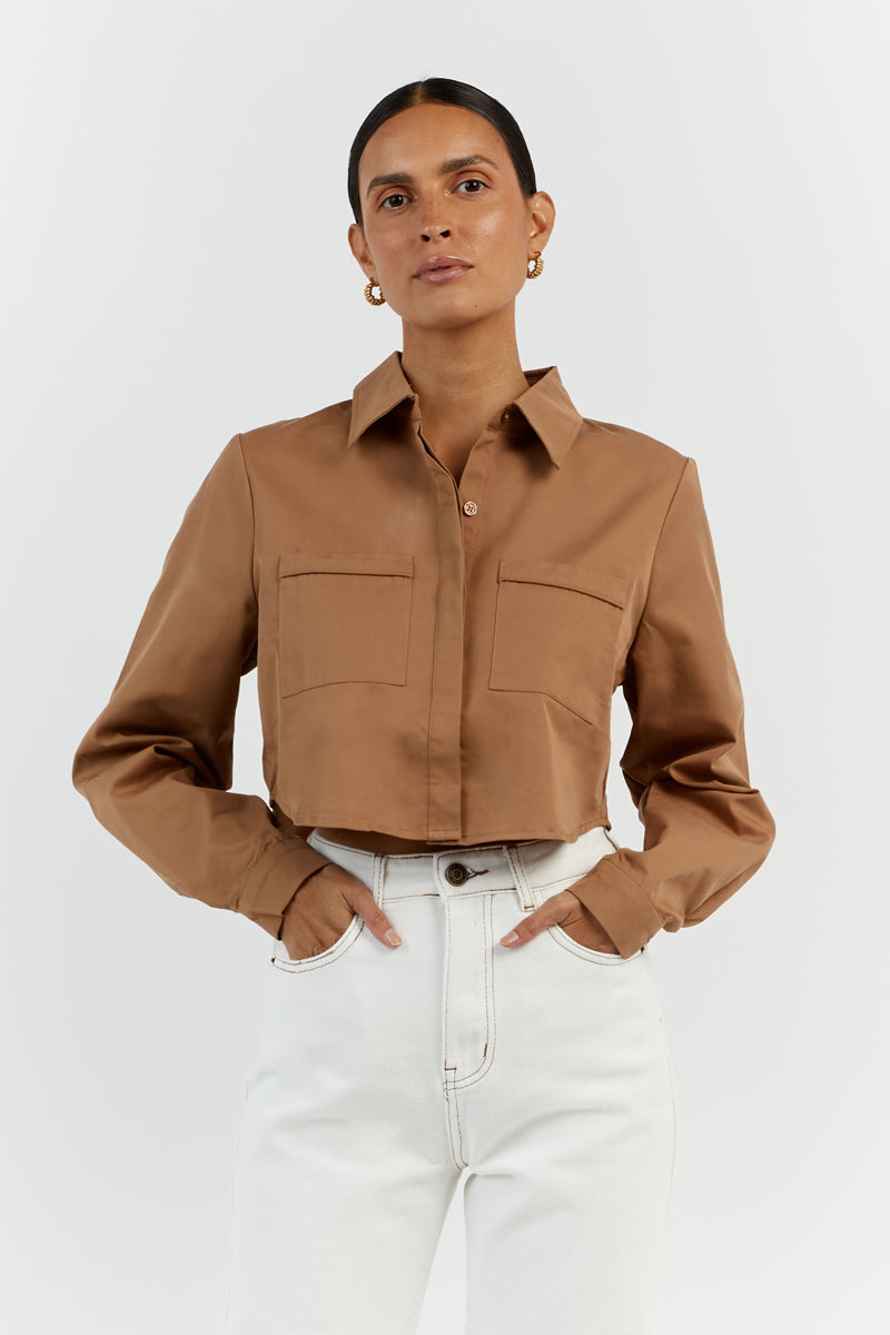 JORDY TAN COTTON CROPPED SHIRT