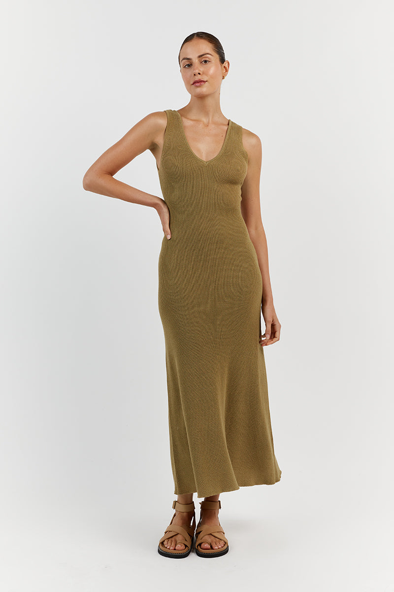 ASHER PISTACHIO V NECK MIDI DRESS