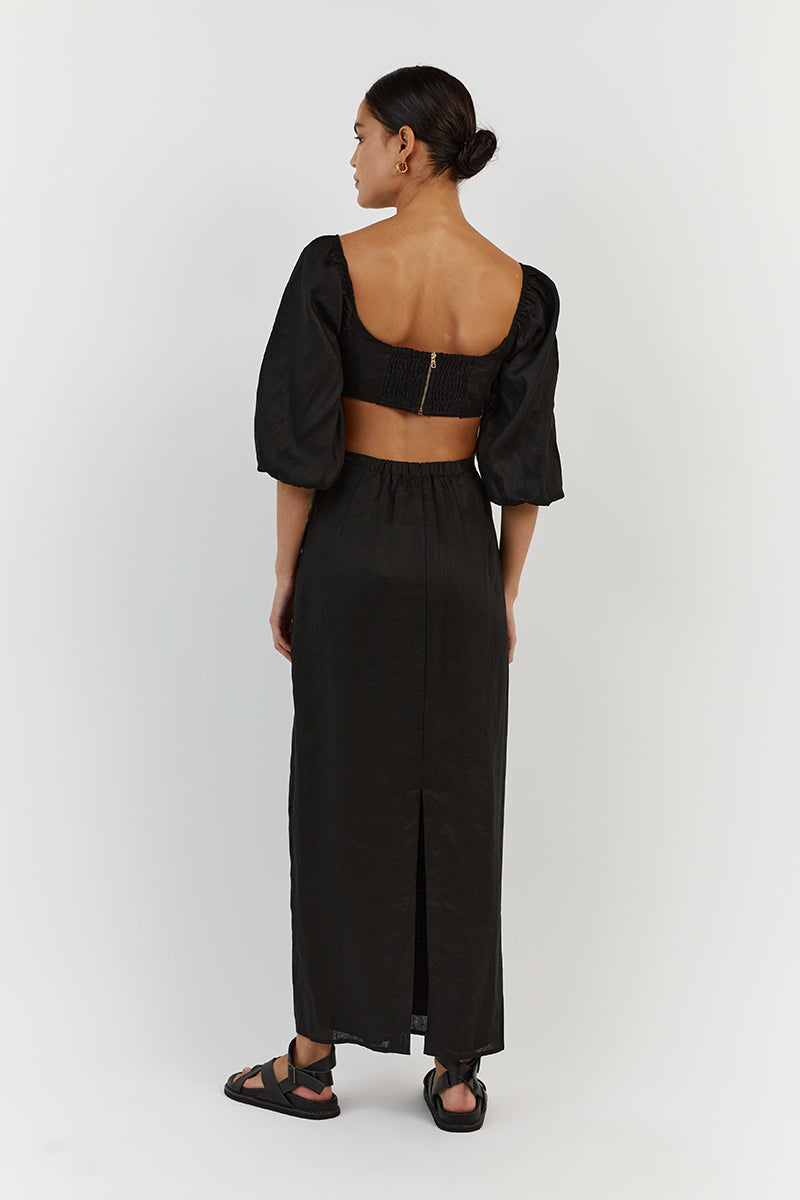 LILAH SLEEVED BLACK LINEN CROP TOP